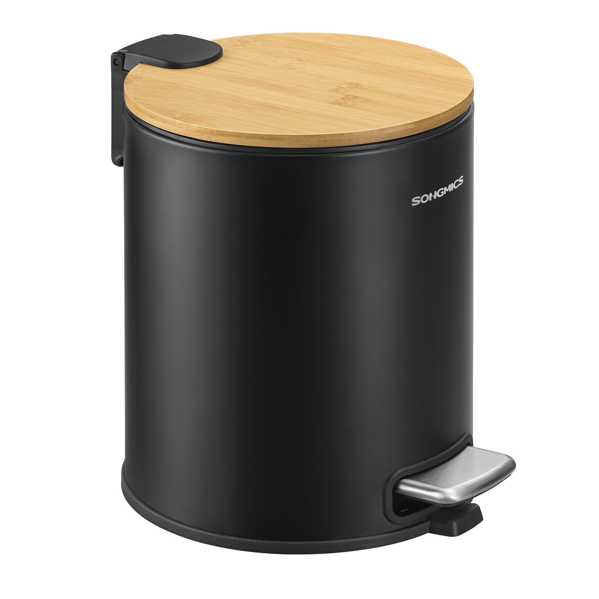 SONGMICS Kosmetikeimer, Mülleimer Bad, mit Deckel aus Bambus, Tretmülleimer mit Metallpedal, Inneneimer herausnehmbar, Softclose, für Badezimmer, 6 Liter, tintenschwarz LTB116BZ01