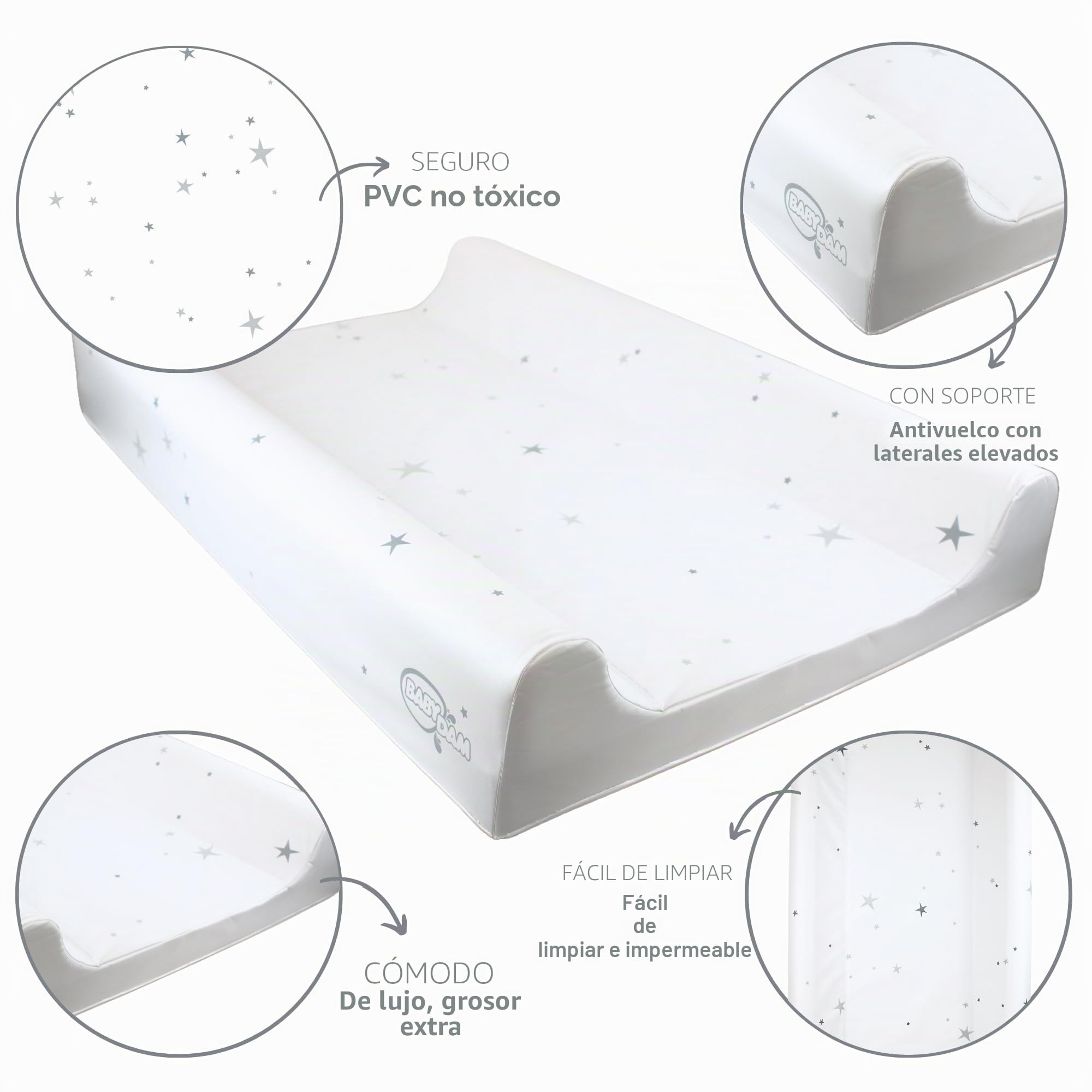 BabyDam Luxury SuperMax - Cambiador de cuña para bebé, fácil de limpiar, 70 x 45 cm, color gris y blanco