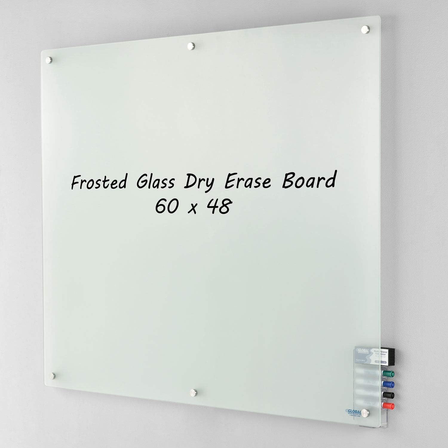 Global Industrial 60" W x 48" H Frosted Glass Dry Erase Board, Frameless Non-Magnetic Glass Board, Includes Eraser & 4 Dry-Erase Markers, 4 mm Tempered Glass