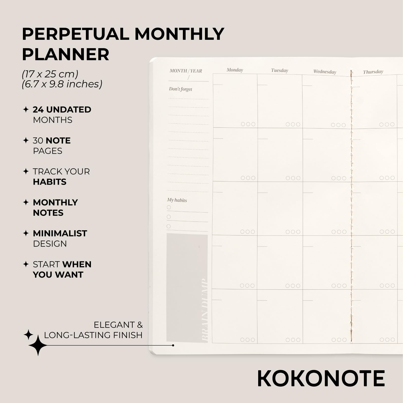 Kokonote Undated Planner - Matcha Latte Monthly Planner With 24 Months & Notes | University Essentials, Work From Home Essentials, Work Diary, Perpetual Calendar Book - Image 3