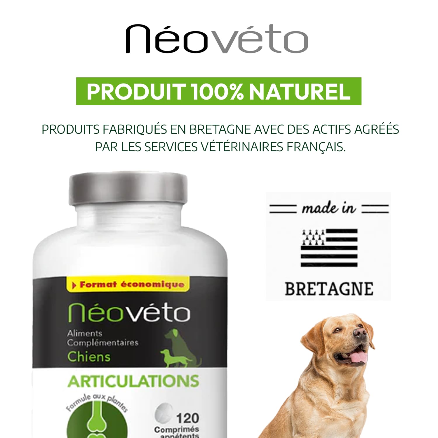 Articulations Chien - 120 comprimés naturels - Arthrose Chien - Anti-inflammatoire - Actifs agréés par Les Services vétérinaires - Fabriqué en France