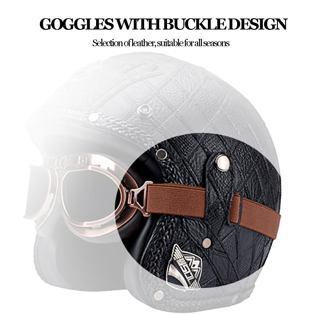 Casco de Cara Abierta para Motocicleta, Medio Casco Aprobado por ECE con Gafas, Cuero Casco De Motocicleta, Estilo Retro Vintage, Casco de Motor Jet para Hombres Y Mujeres