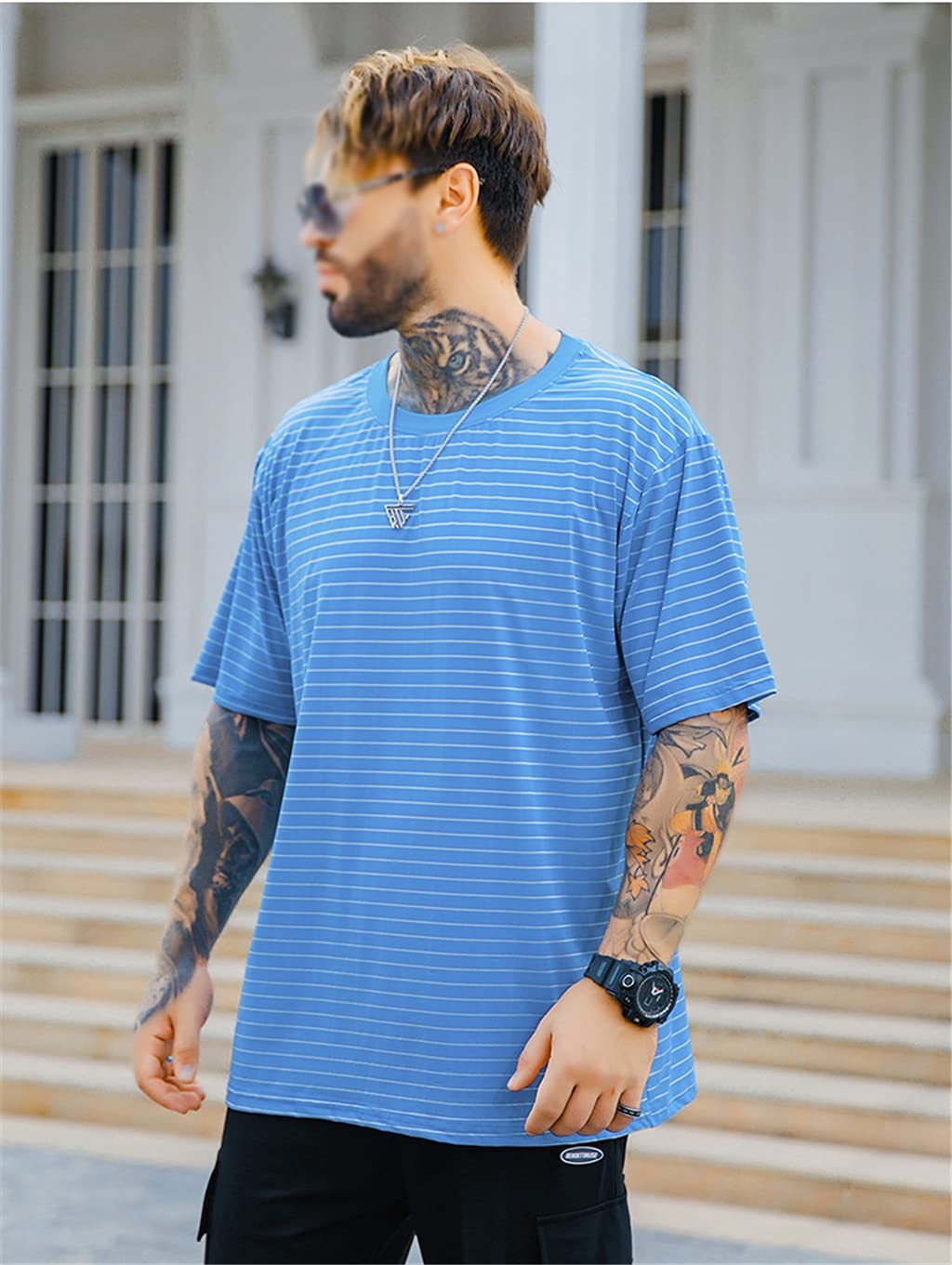 FZJDX 2021 Summer Fashion Striped Oversized T Shirt Men Loose T