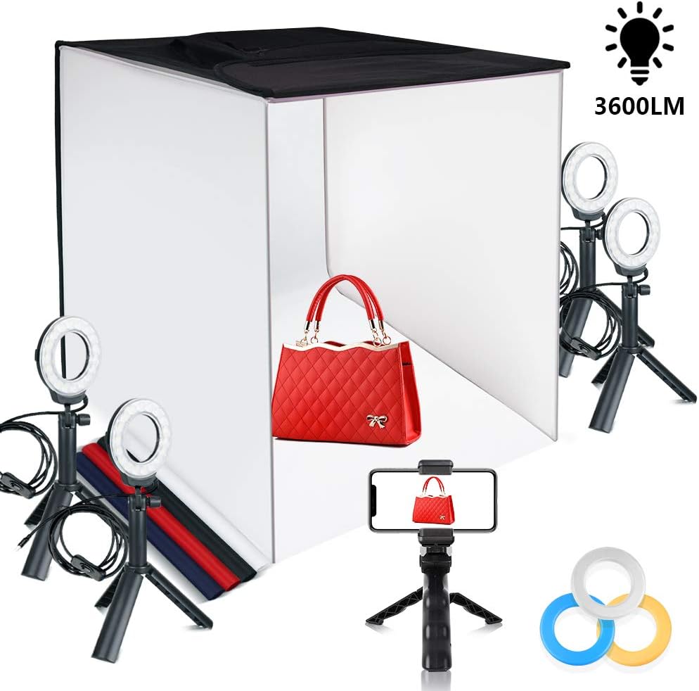 FOSITAN Photo Studio Light Tent 24"x24"/60x60cm Foldable Table Top Portable Lighting Light Box Shooting Tent with 5 Tripods, 4 LED Ring Lights, 4 Color Backdrops & a Cell Phone Holder for Photography