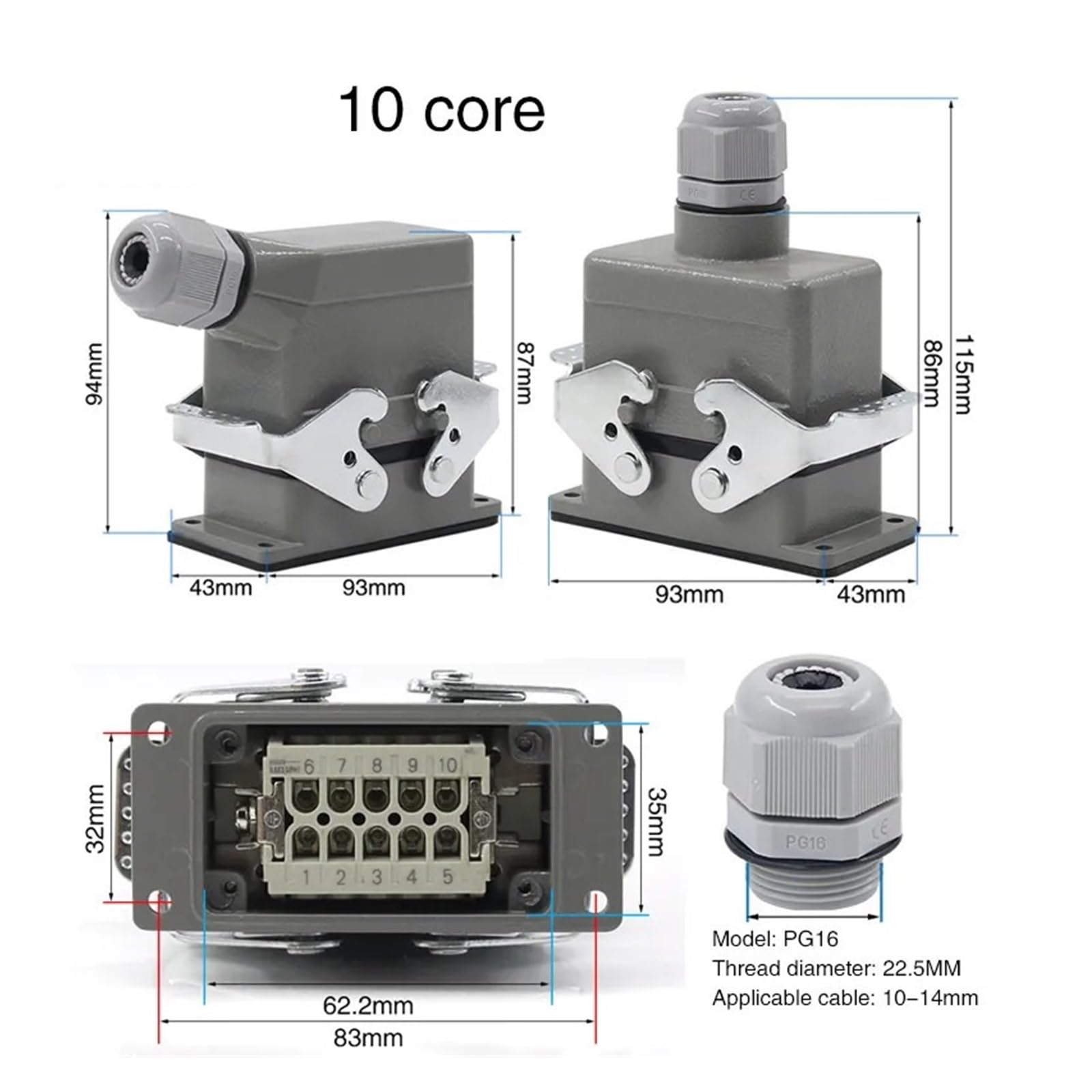 SIBBLE Connecteur rectangulaire Robuste HDC-HE4 6 10 16 20 24 32 Broches à 48 cœurs 16A, connecteur de Ligne latérale de tête de Prise d'aviation étanche (Color : 20 Core Lateral Line)