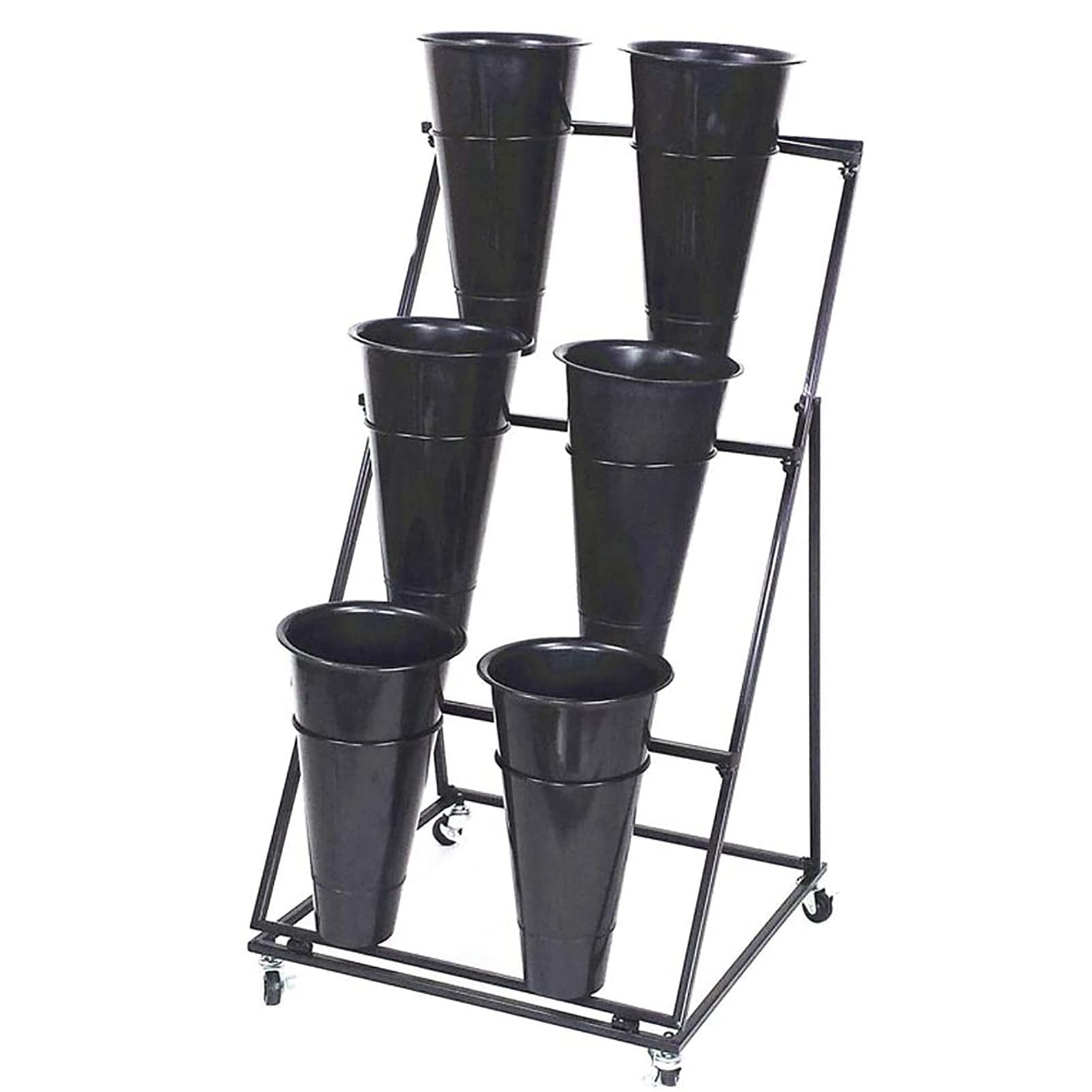 YYLMKMFC-AE Wrought Iron Florist Shelf Large Plant Stand With 6 Flower Bucket Display Shop Flower Bucket With 4 Rubber Caster/Wheel,Nero(Nero)