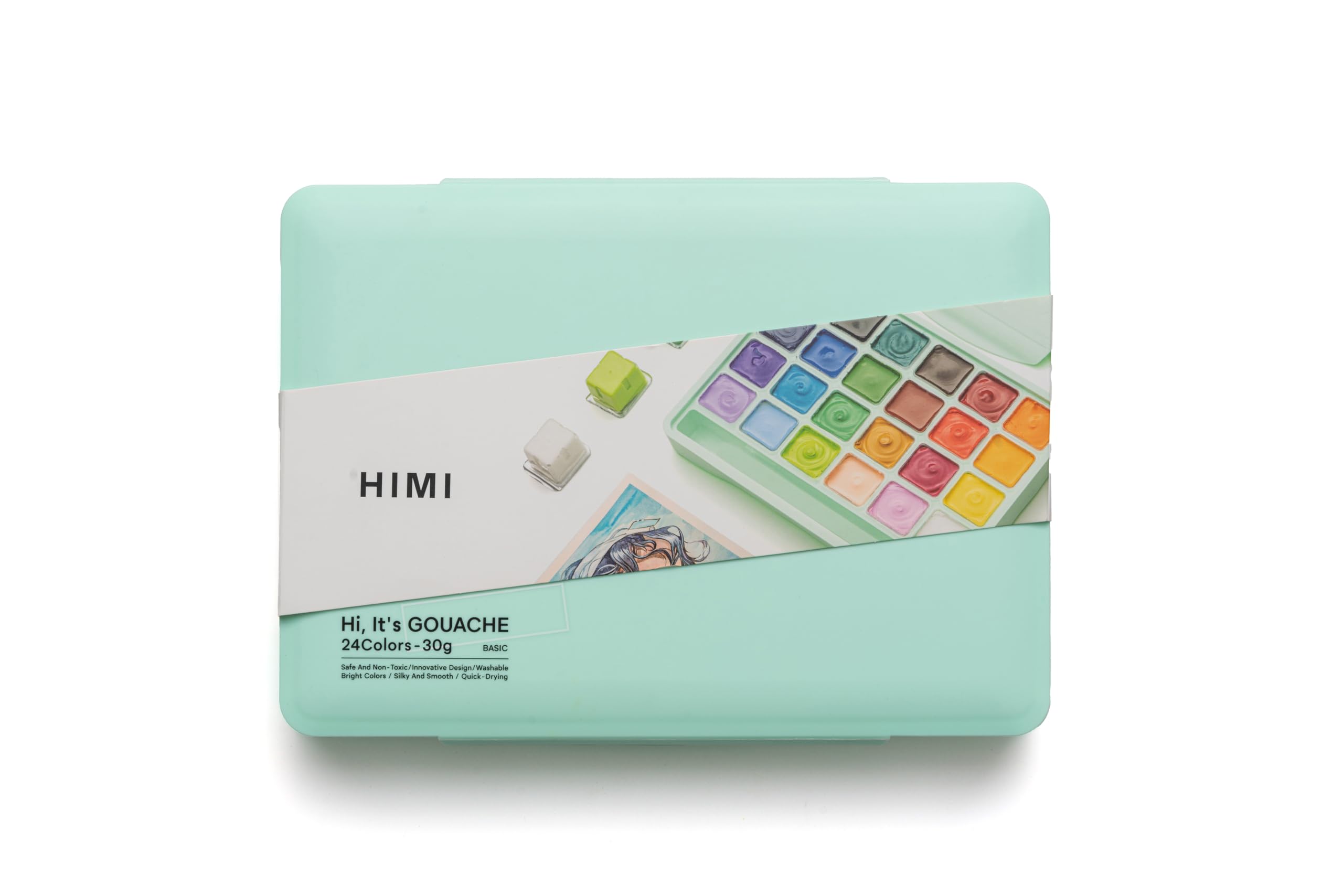 HIMI Jelly Cup Gouache Set 24 Paint Colours, Green Case, Add Water to Reactivate, Smooth, Rich Colours, Gift, Artist Art Supplies, Large Scale Art Work, Fine Details, Ready to use Gouache Colors