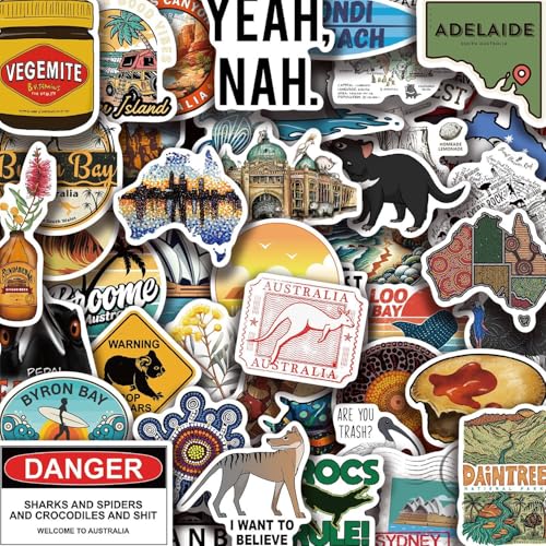 Australia Lot de 50 autocollants pour ordinateur portable (50 pièces) - Cadeau pour enfants, adolescents, adultes, garçons - En vinyle imperméable - Pour scrapbooking, skateboard, voiture, bagages
