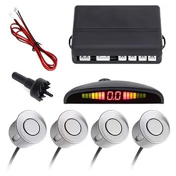 FABTEC Car Reverse Backup Sensor System, LED Display 4-Sensor Parking Assistant Kit, Backup Auto Object Detectors with Sound Warning (Silver, Set of 4)