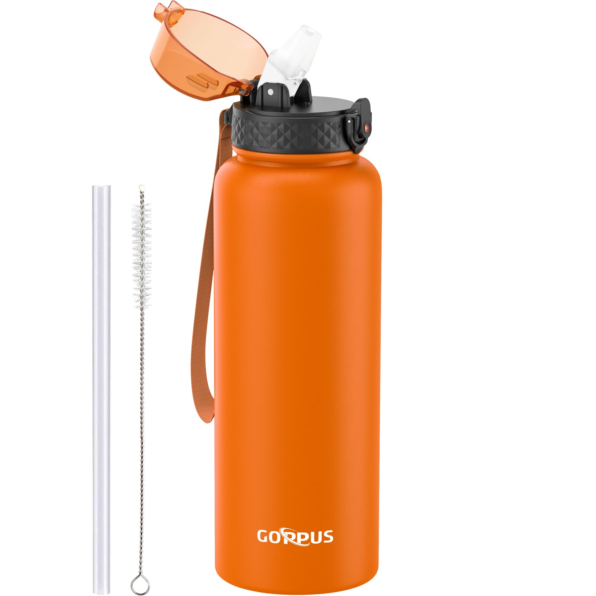 GOPPUS 1.2L/40oz Stainless Water Bottle with Straw Double Wall Insulated Bottles with Strap Large Vacuum Thermal Flask Leakproof Keep Cold Drinks Bottles with Flip Top Lid for Men Women BPA Free
