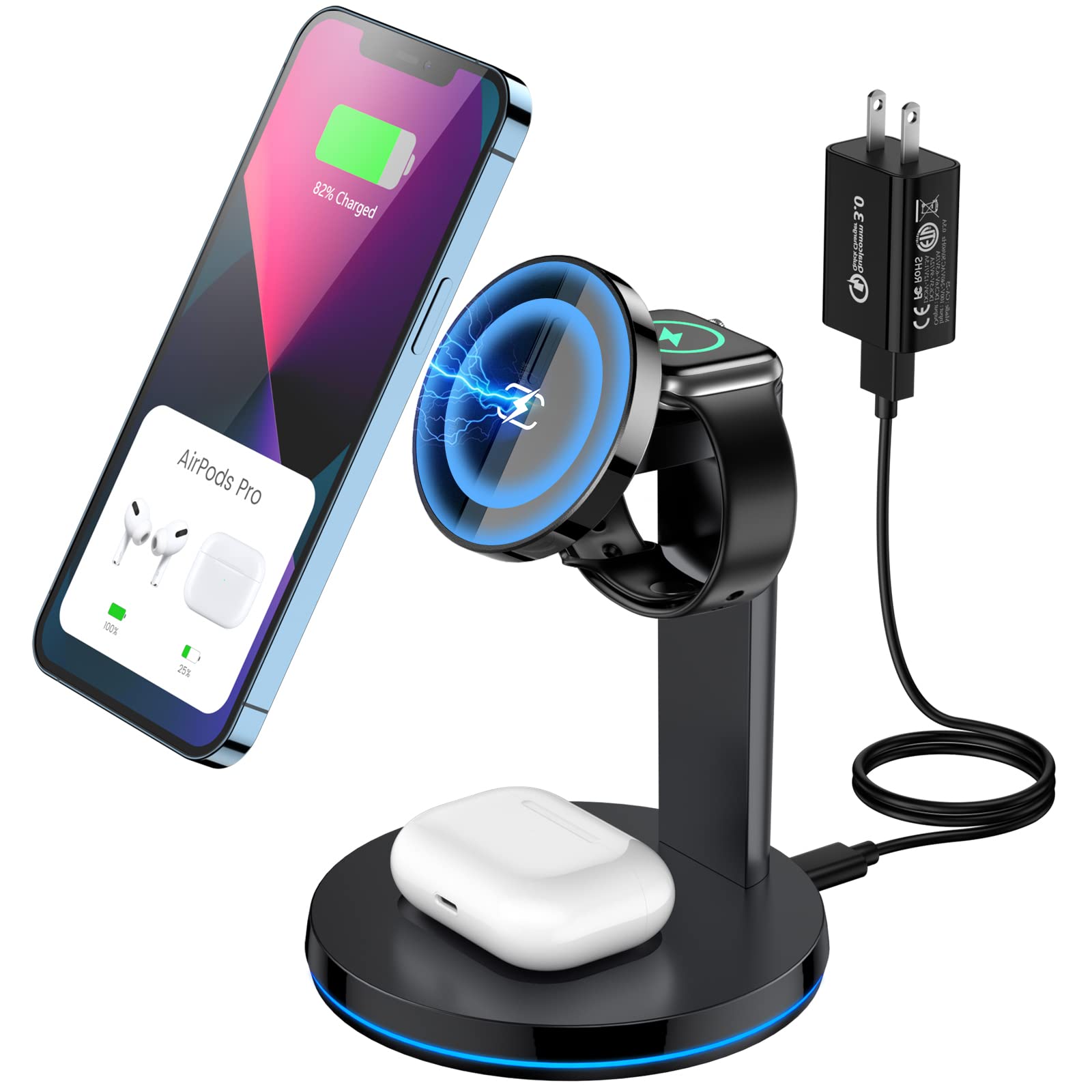 Magnetic Wireless Charging Station, KOOPAO 3 in 1 Mag Safe Fast Charger Stand Dock for iPhone 16/15/14/13/12/Pro Max/Pro/Mini, iWatch 9/8/7/6/SE/5/4/3/2, iPods 2/Pro with PD Adapter-Black