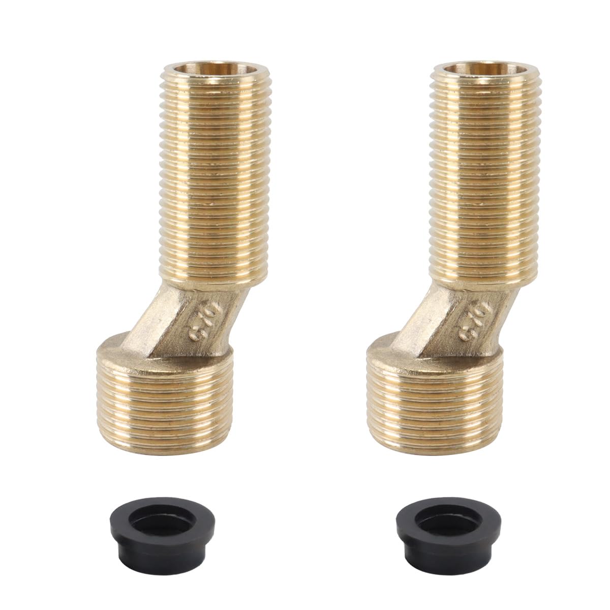 Adaptador de bañera con rosca macho G1/2 a G3/4, paquete de 2, latón, brazo oscilante excéntrico para grifo, montaje en pared (amarillo), 7 cm
