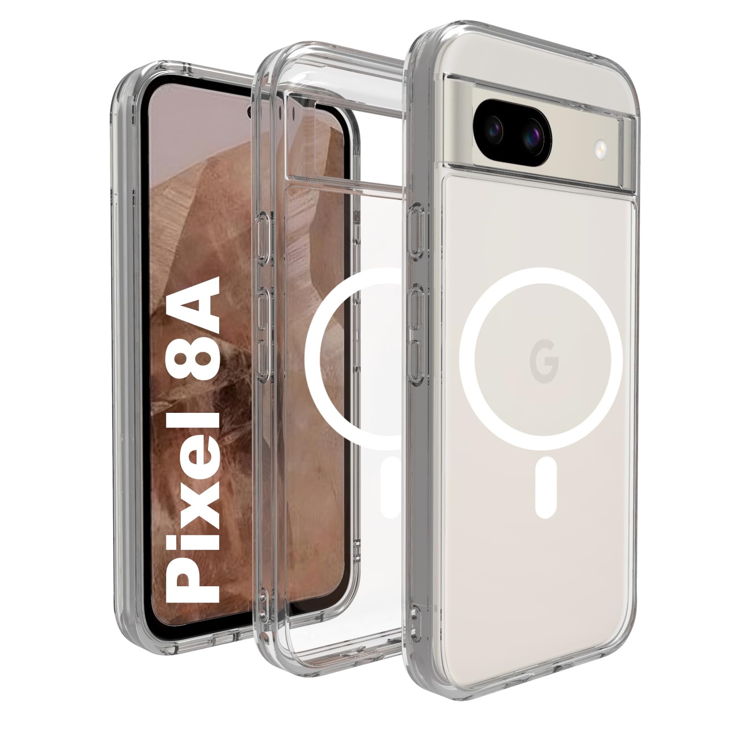 RIGGEAR Shockproof Clear Hybrid Armor Back Cover Case Compatible with MagSafe Accessories for Google Pixel 8A (Transparent PC and TPU Bumper)