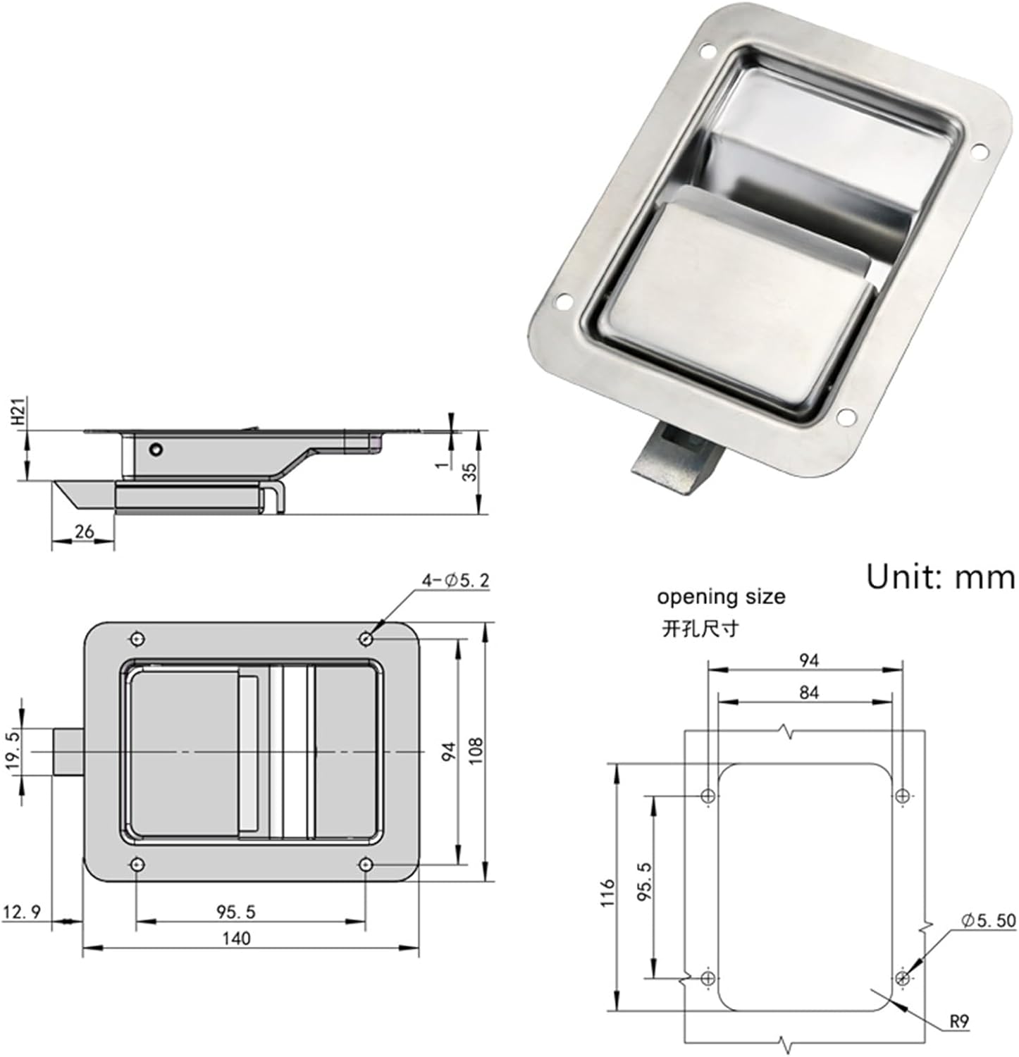 304 Stainless Steel Industrial Electrical and Mechanical Equipment Toolbox Embedded Container Door Lock 1Pcs(No Key)