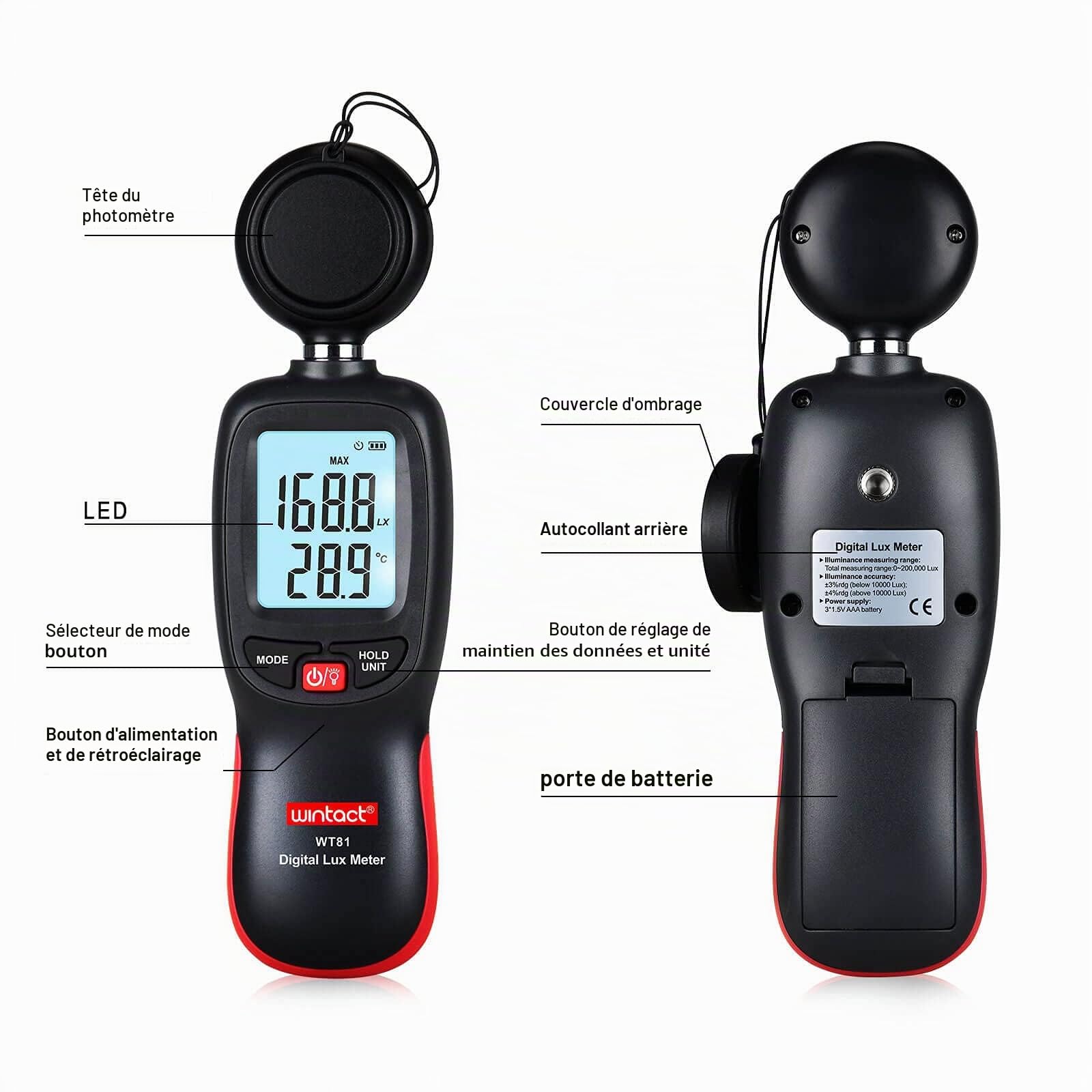 Wintact Compteur de lumière numérique portable avec thermomètre ambiant, portée jusqu'à 200 000 lux, photomètre, test d'intensité lumineuse pour jardin, lampe de croissance LED, photographie