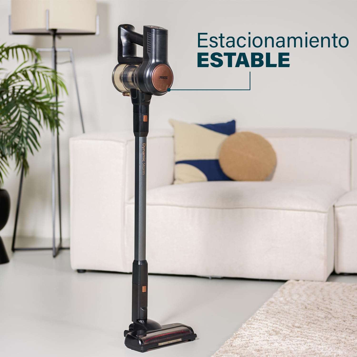 Princess Dynamic Storm 339390 - Potente Motor sin escobillas - Vaciado higiénico del depósito - 30 Minutos de Limpieza sin Cables - Cepillo motorizado - LED - posición de Espera - Modo portátil
