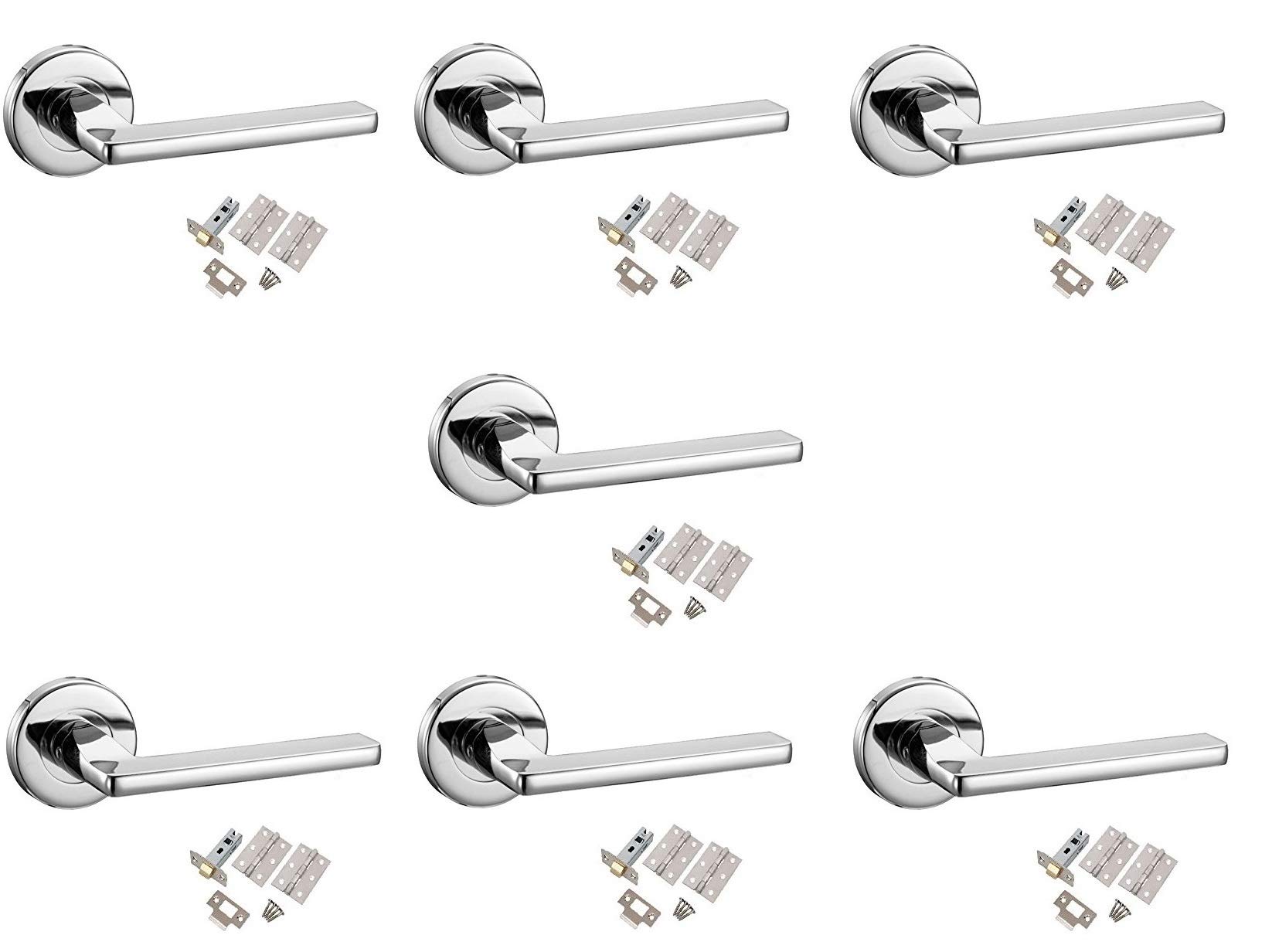 Golden Grace Leon Design Door Handles Lever On Round Rose in Polished Chrome Finish, Complete with Pair of 3" Hinges & 2.5" Tubular Latch - 7 Sets