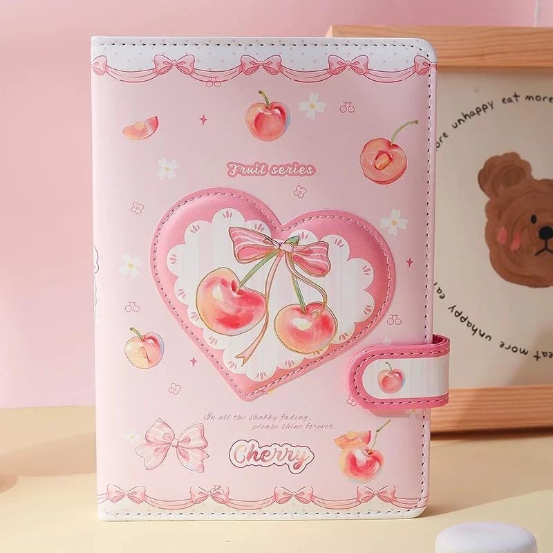 Fruity Party A5 Lock Diary Notebook with Strap Closure, Cute Fruit Theme Journal for Girls Kids Teens, PU Leather Cover, Lined & Planner Pages, Gift Diary (Cherry)