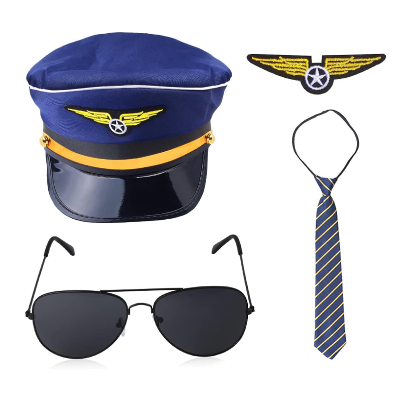VASANA Pilot Costume Accessories Set Airline Captain Hat Sunglasses Tie Badge Dress up Supplies for Halloween Party Cosplay (Blue)