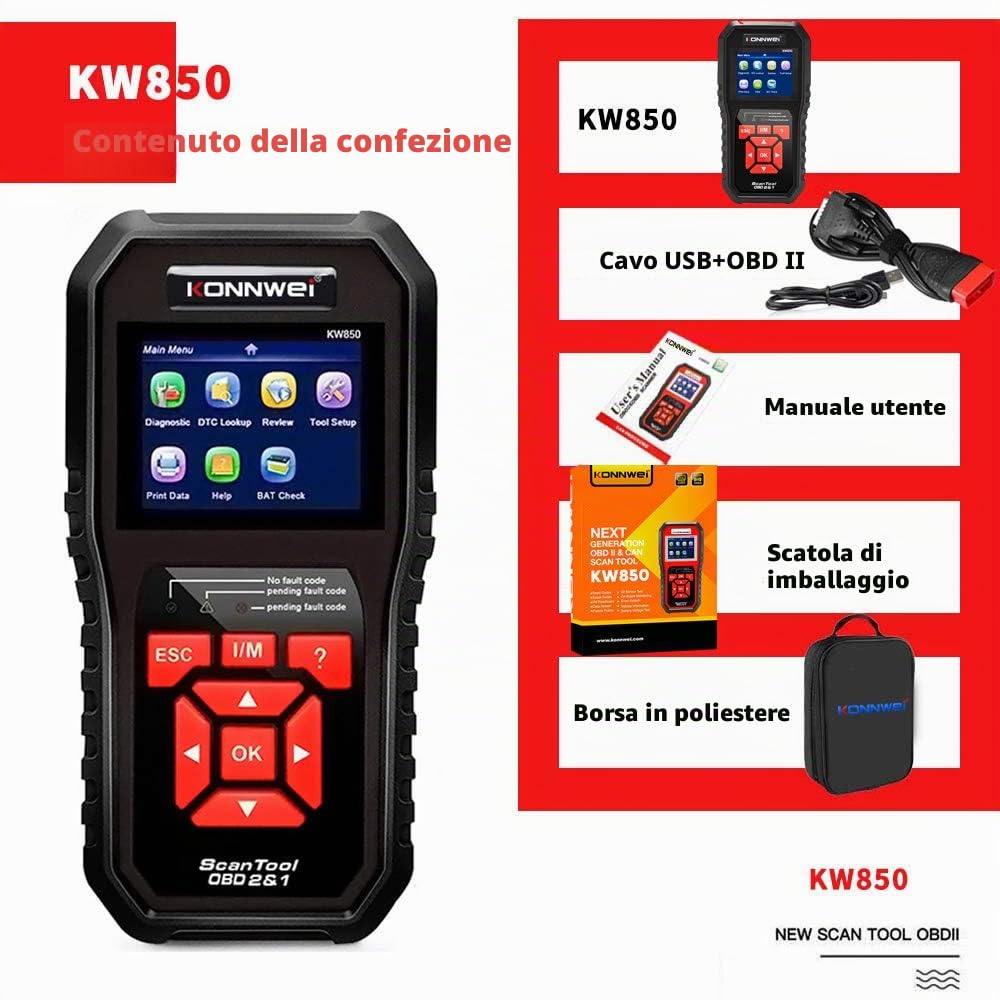 Konnwei Kw850 OBD2, dispositivo diagnostico OBDII, lettura memoria errori, con funzioni OBD2 complete, lettore codici errore universale, compatibile con tutti i veicoli dopo il 2002 (Nero)