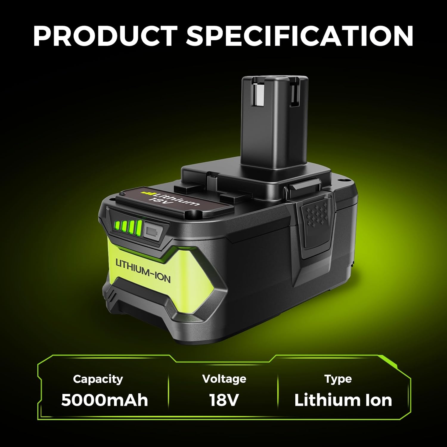 2-Pack 18v 5.0Ah Lithium lon Rapid Rechargeable Replacement Battery, Compatible with Ryobi 18v One+ Power Tools and Charger P100 P102 P103 P104 P105 P107 P108 P109