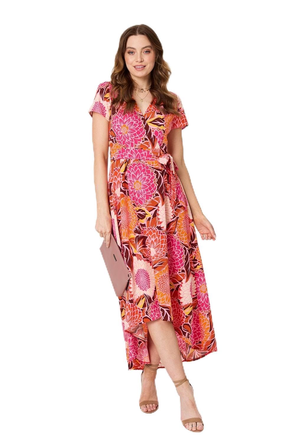 Izabel London Women's Pink9 Floral Short Sleeve Tie Waist Midi Dress For Uk With A V-Neck And A Curved Midi-Length Hem.