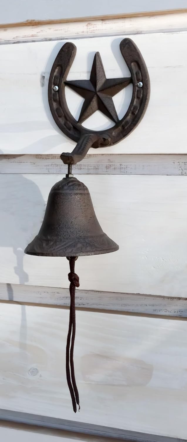 Ebros Gift Cast Iron Rustic Vintage Western Star Horseshoe Door Wall Dinner Yard Bell Outdoor Southwestern Farmhouse Cowboy Cowgirl Accent Bells