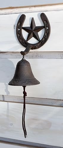 Miniatura 7 de Ebros Gift Campana de hierro fundido rústico vintage con estrella occidental para puerta, pared, cena, patio, campanas al aire libre, estilo