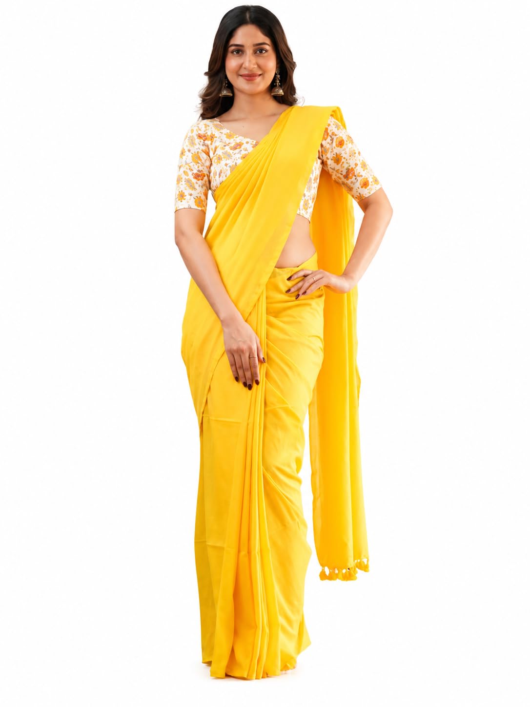Plain Cotton Blend Saree for Women | Elegant Soft Fabric with Tassels | Festive & OFFICE Wear-picture-19