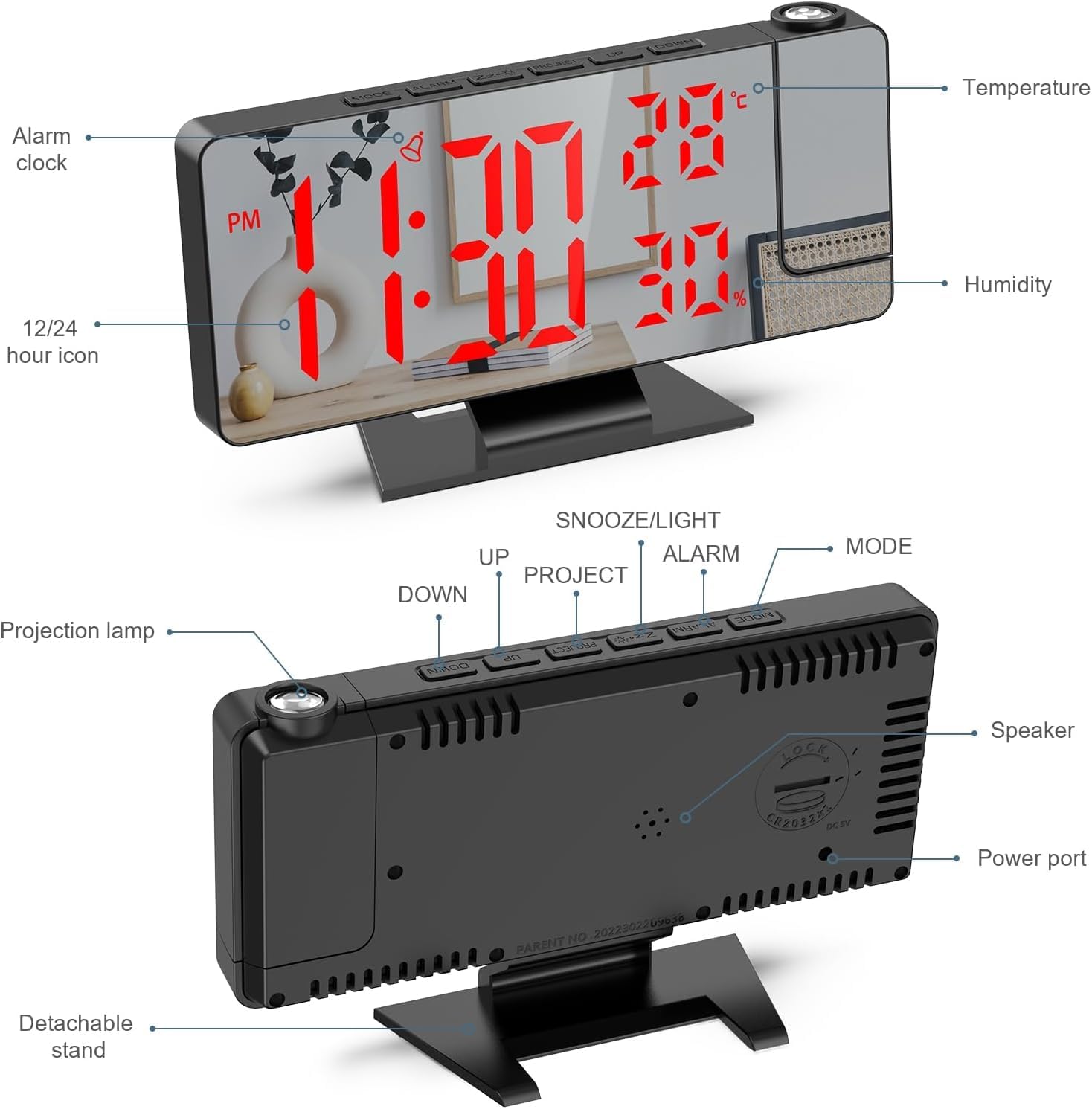 Diagram of the EVER PACIFIC Digital Projection Alarm Clock with labels for temperature, humidity, 12/24 hour icon, alarm clock display, projection lamp, detachable stand, speaker, and power port.