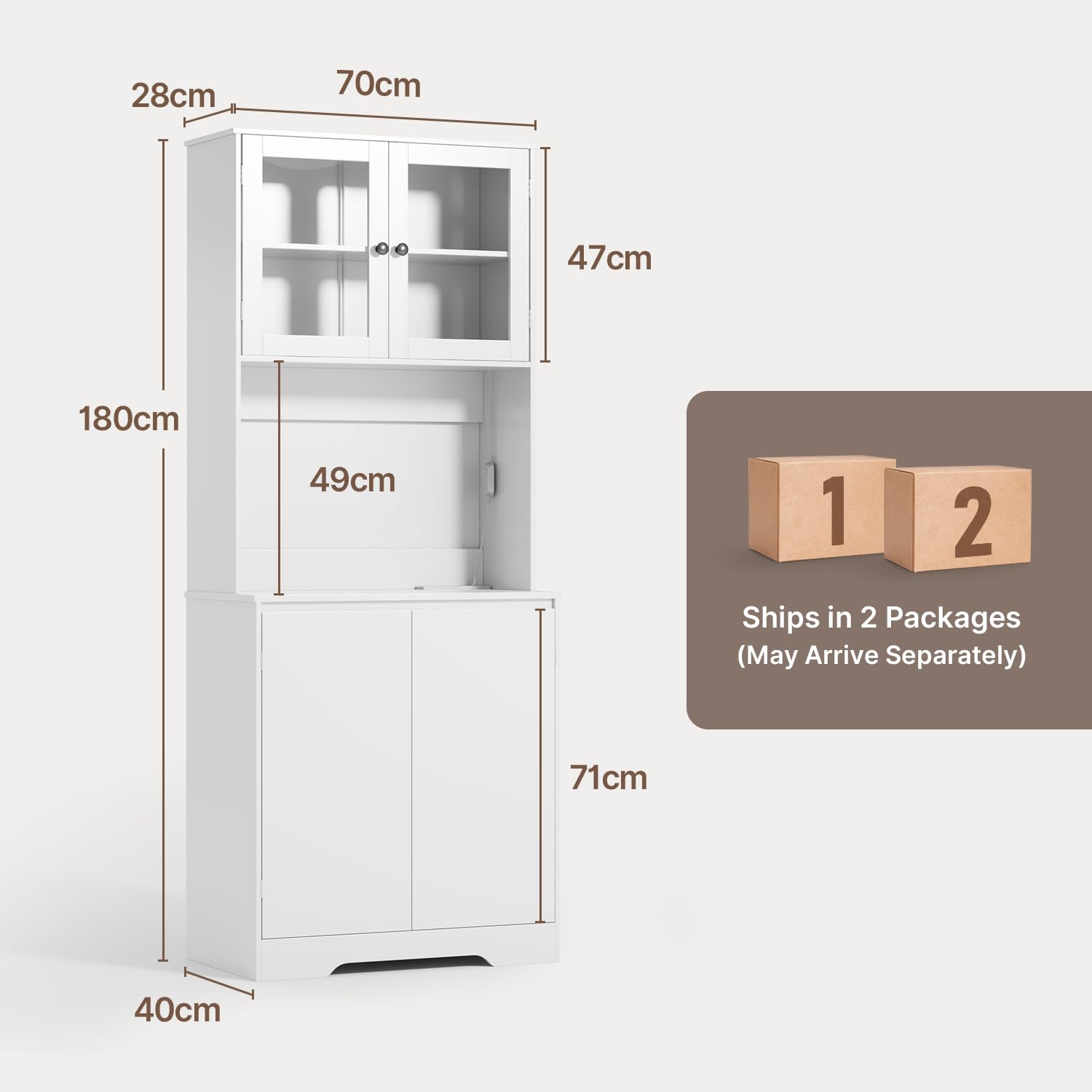 Xbro Credenza Cucina Alta con LED RGB e Presa Integrata, Mobile Cucina Salvaspazio con Vano Microonde e Ante in Vetro, Dispensa Moderna Coffee Station, 73x40x180 cm