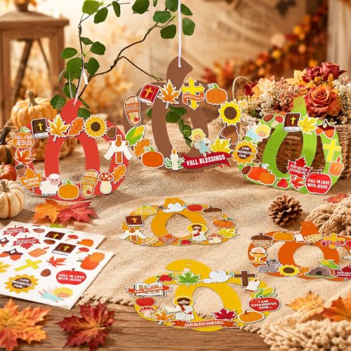 24 Sets Fall Religious Craft Kit Autumn Pumpkin DIY Wreath Crafts Kit with Christian Jesus Maple Leaves Stickers Thanksgiving Hanging Ornament for Halloween Sunday School Church Activities Home Decor - Image 5