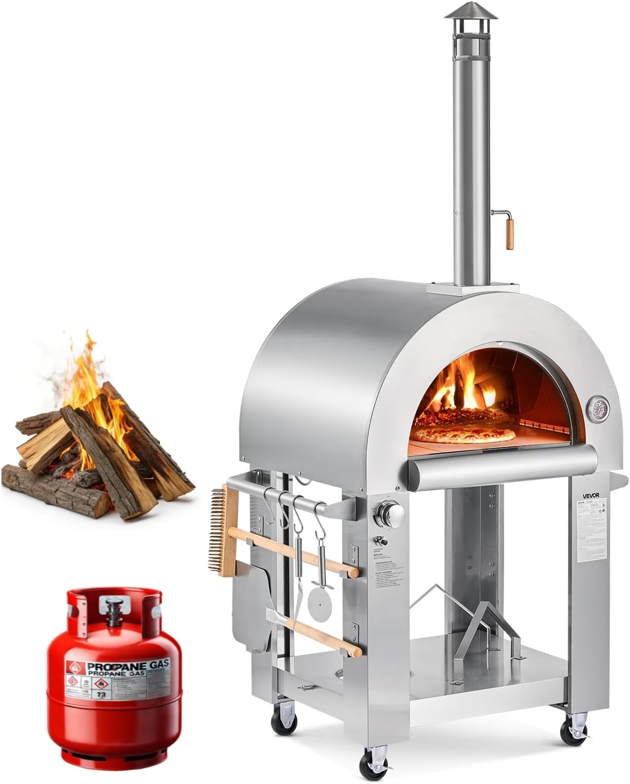 VEVOR Dual Fuel Giant Pizza Oven Outdoor, 26" Artisan Large Pizza Ovens, Pellet & Propane Gas Kiln Pizza Maker with Wheels, Pizza Stone, Multi Fuel Cooker for Camping & Backyard