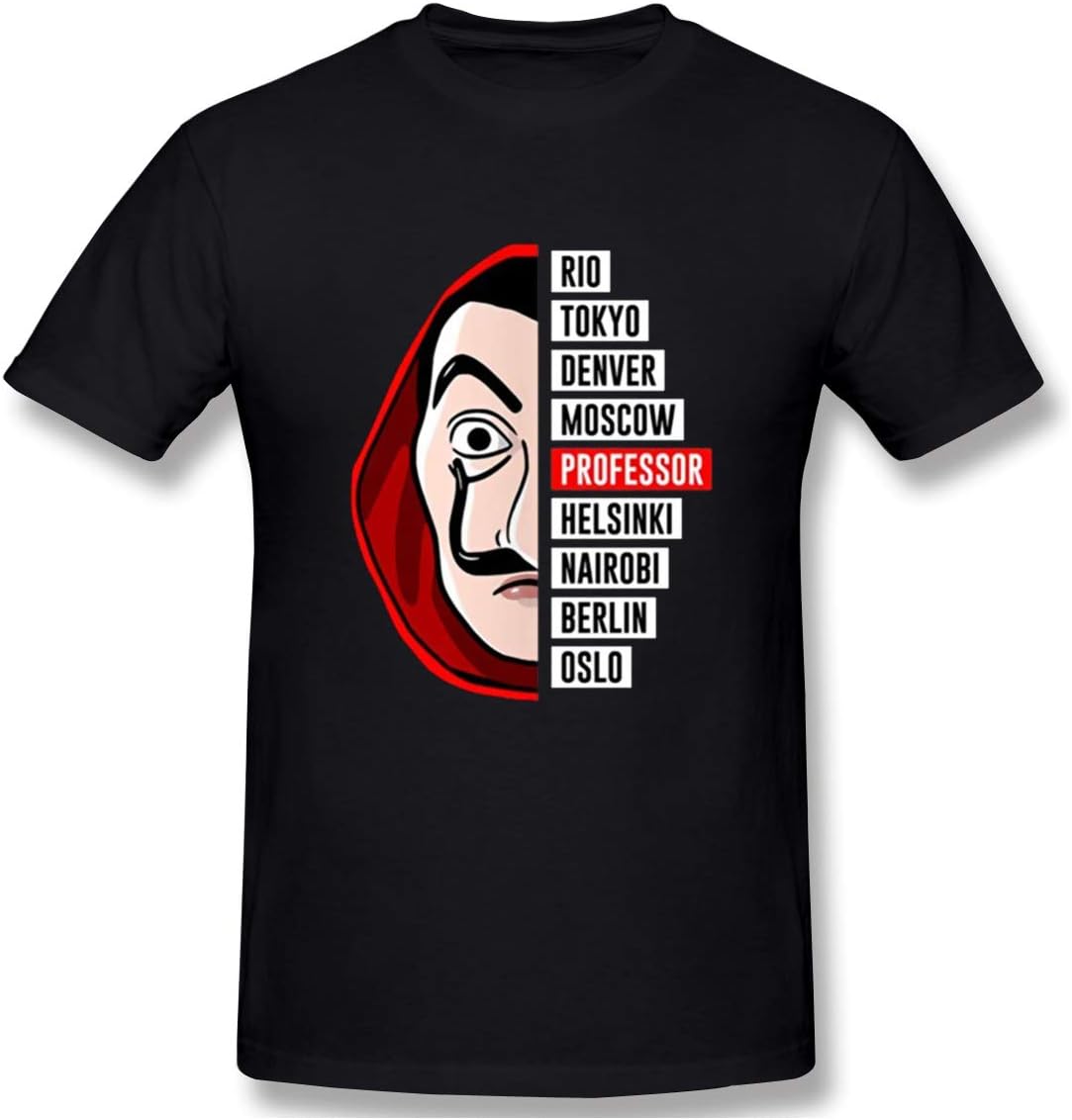 Adult Short Sleeve T-Shirt Black Printed with -La Casa De Papel (Red,Wht)