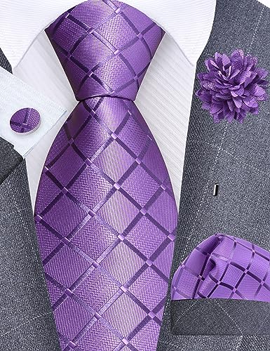 Image of GUSLESON 3.15 inch(8cm) Mens Tie and Lapel Pin Plaid Checkered Necktie Hankerchief Cufflinks Set for Men