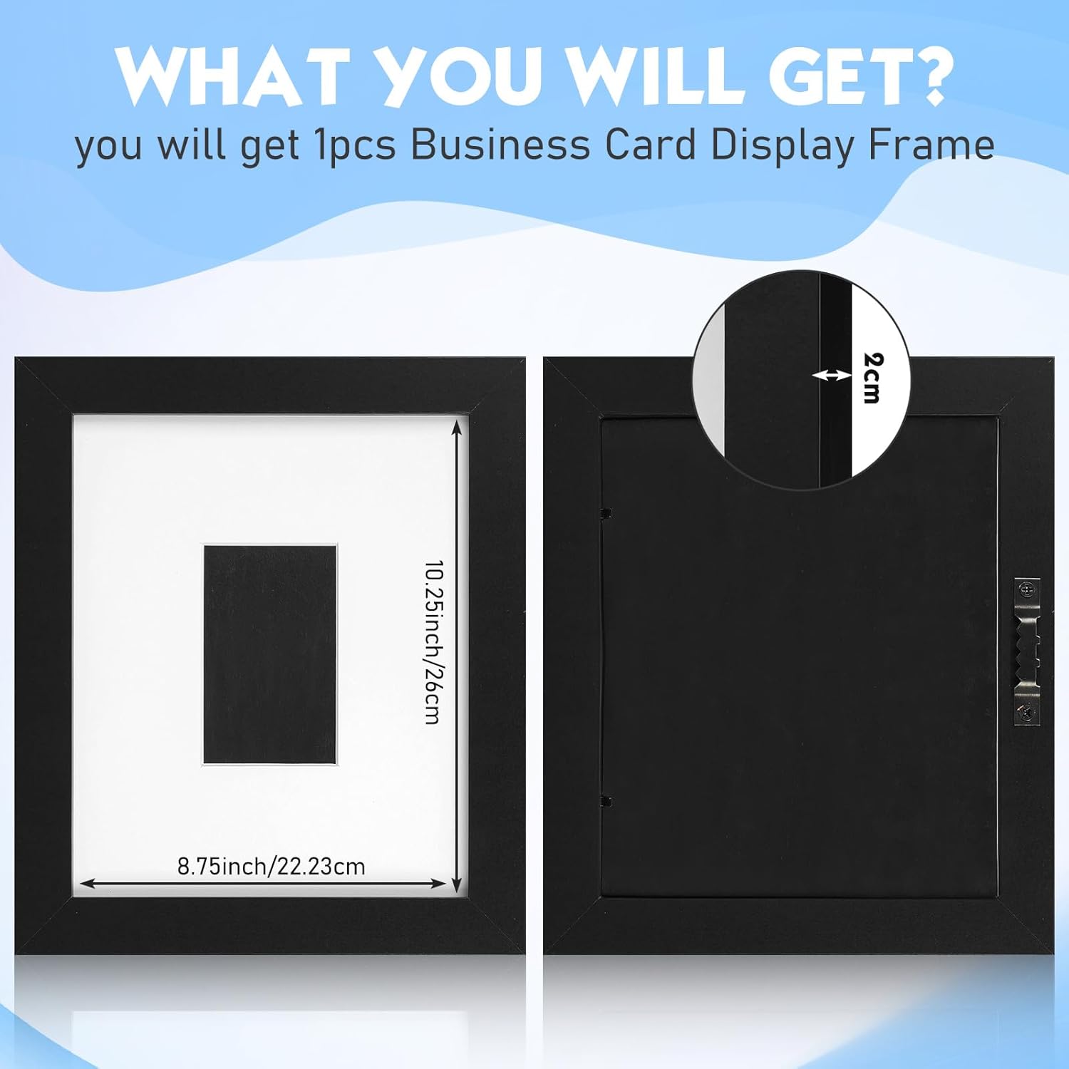 Business Card Display Frame Black Picture Frames White Mat, MDF Frame, Easel and Installed Wall Hanger