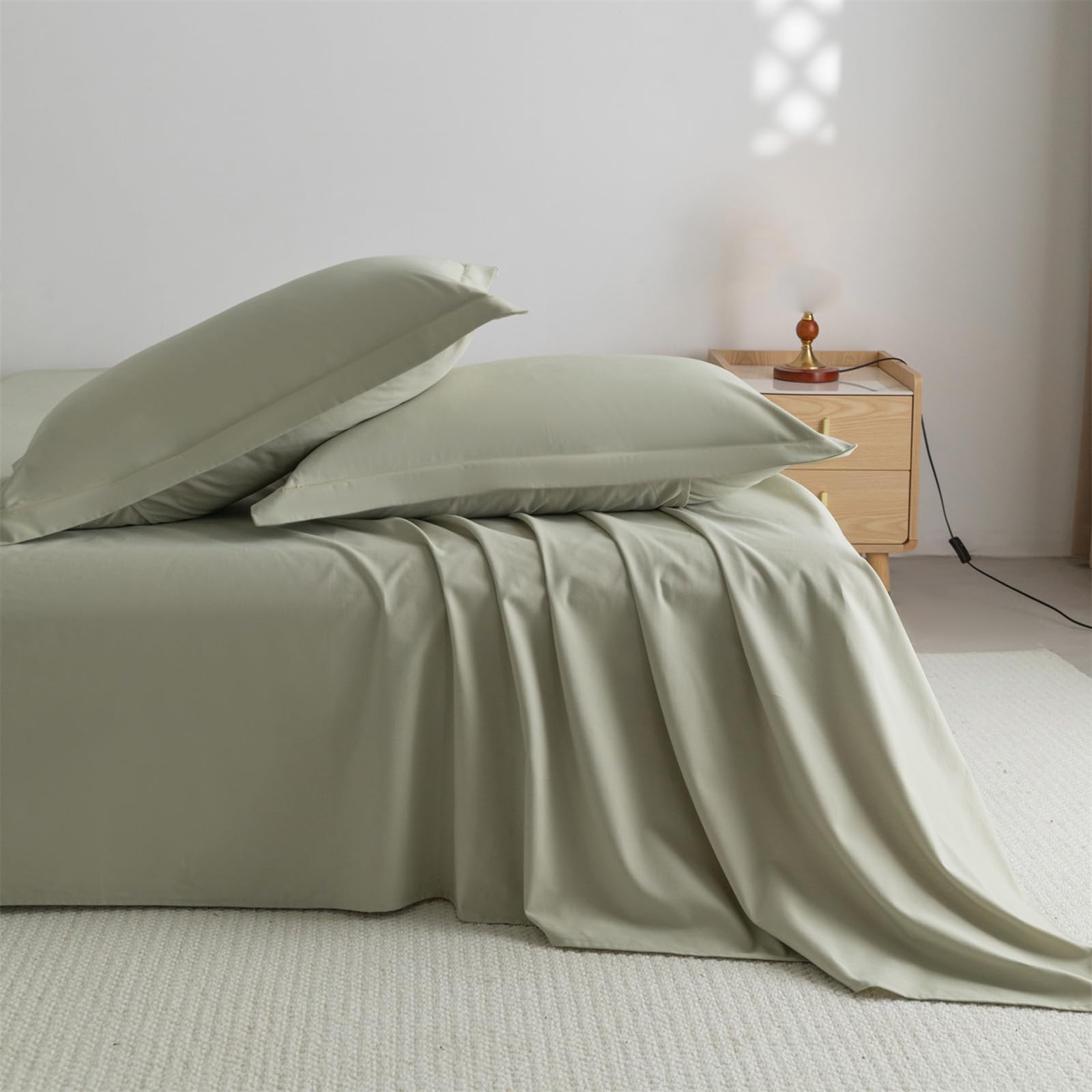 Drap plat 245x250cm vert en coton uni king size pour lit 2 personnes