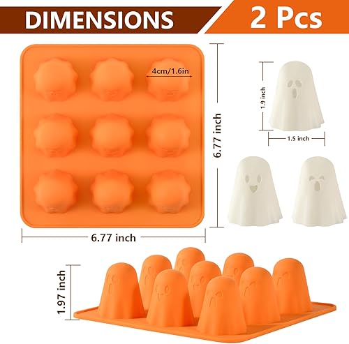 Miniatura 6 de Moldes de silicona fantasma, 2 paquetes de moldes antiadherentes 3D de chocolate con 9 cavidades, lindo molde de fantasma para gelatina, gomitas,