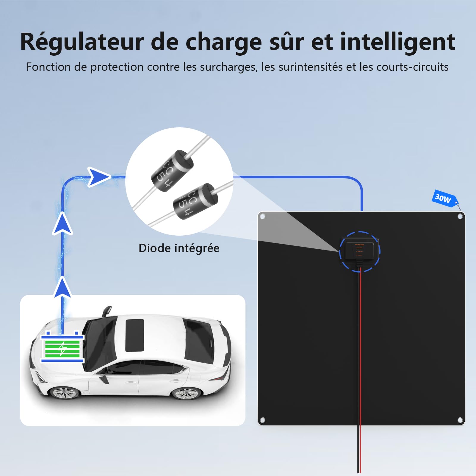 Panneau solaire 30 W 12 V Chargeur de batterie solaire de voiture Portable Chargeur de batterie solaire étanche & Chargeur d'entretien avec prise allume-cigare Trickle & pince crocodile