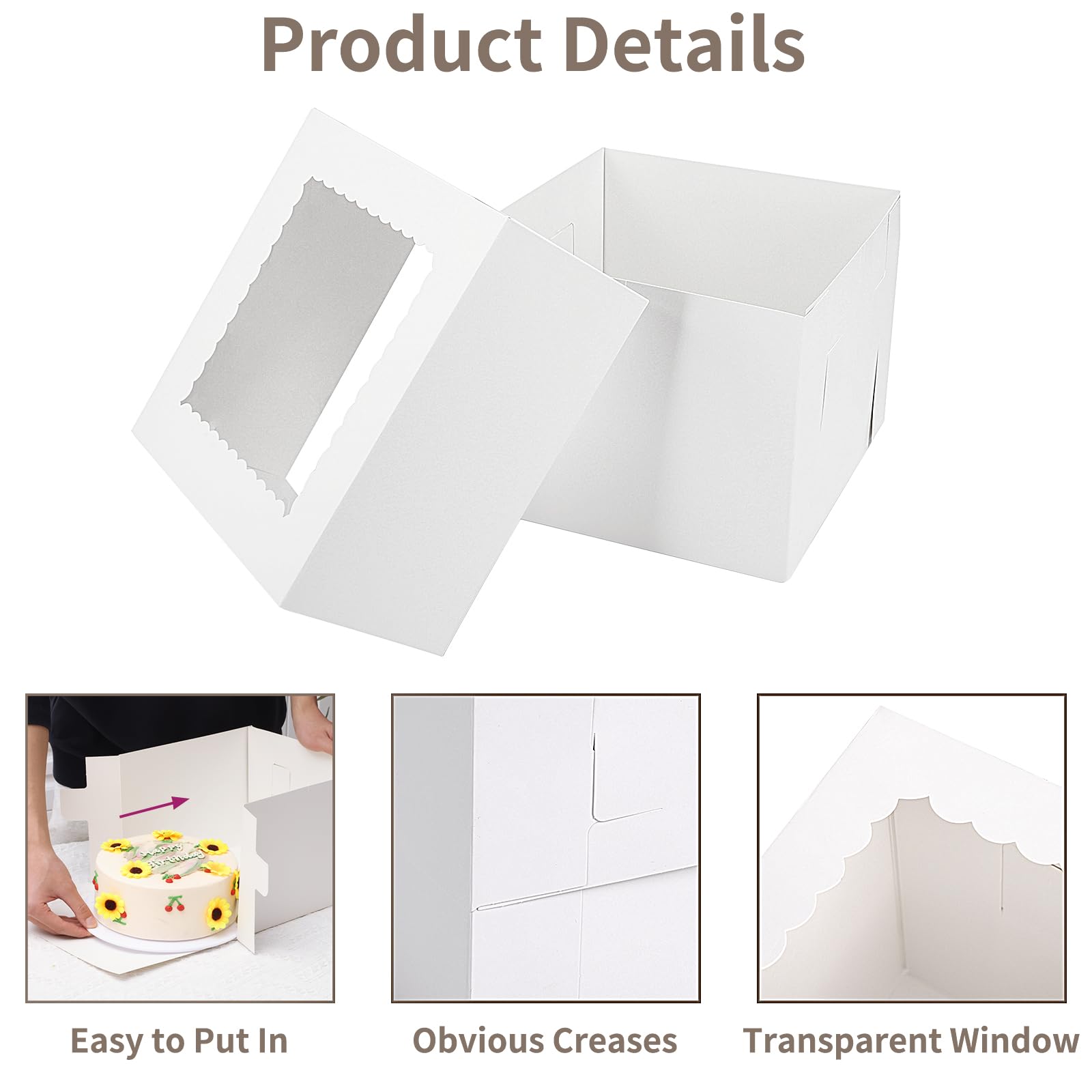 Moretoes 10 cajas para tartas de 10 x 10 x 8 pulgadas, cajas de panadería blancas con ventana, cajas altas de cartón para postres, pasteles, cupcakes, donas, postres