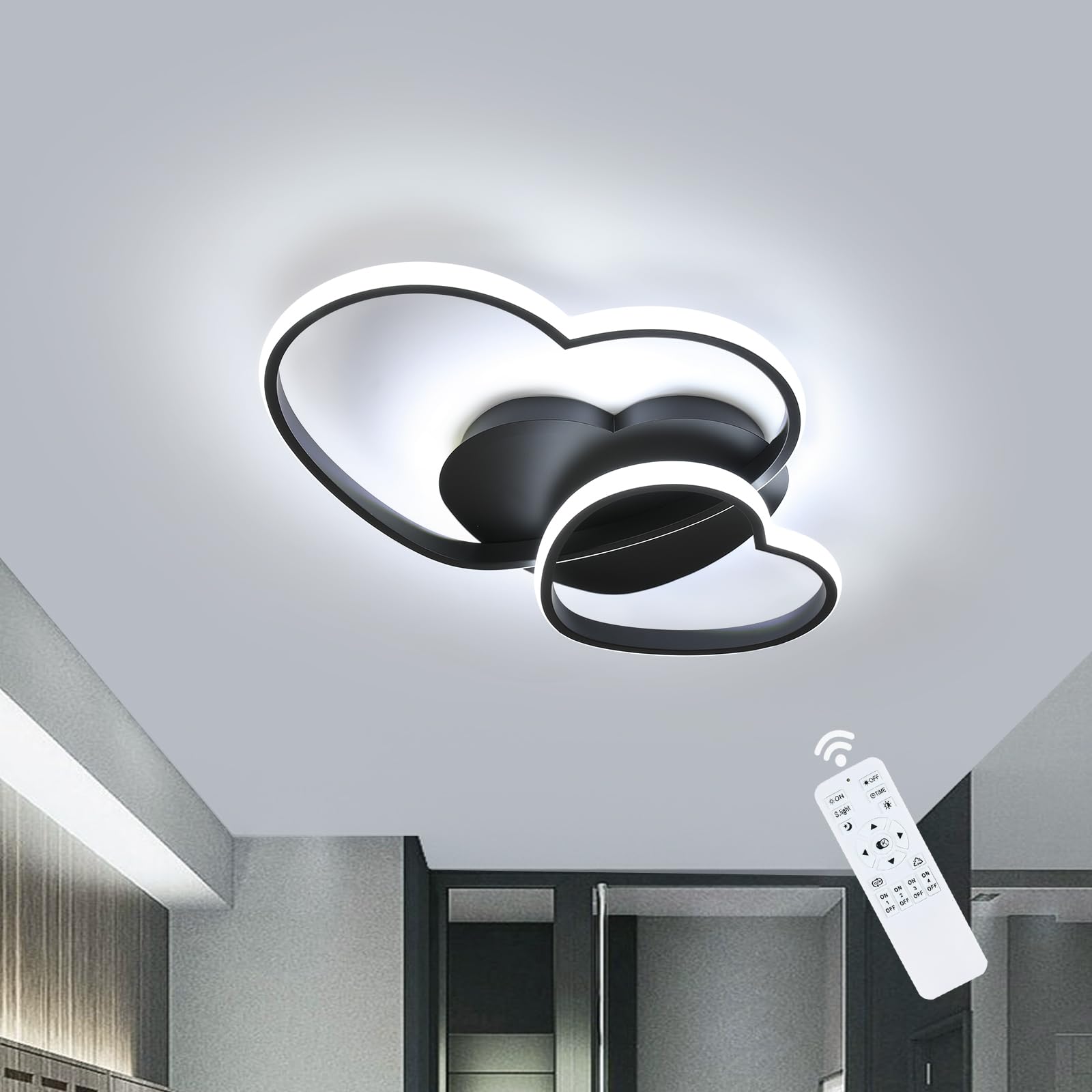 Riserva Dimmable LED Chandelier, 48W Ceiling Light Modern Black, 3000K-6500K, Ceiling Lamp Heart Design for Bedroom, Living Room, Kitchen, Dining Room, Hallway, Study