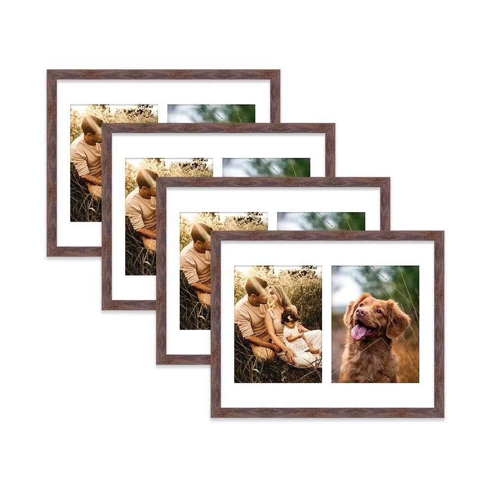 Walnut Multi Photo Frame - Holds 2 x 8x6 Pictures, Family Collage Picture Frame for Wall Display, 14x11 Frame size, Set of 4