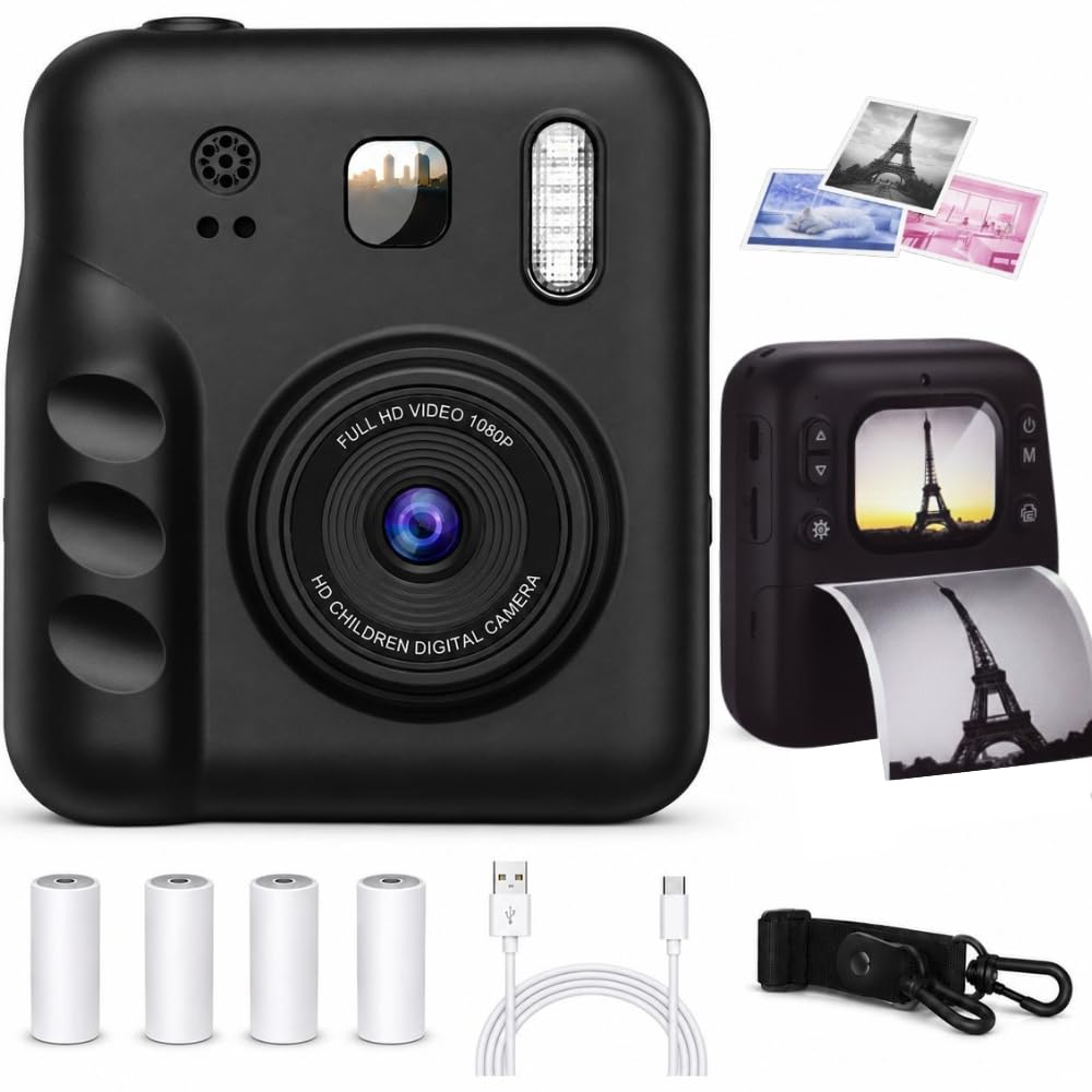 Appareil Photo Instantané Enfant, 2'' Écran HD Impression Immédiate sans Encre avec 4 Rouleaux d'impression Jeux Intégrés et Dessins Cadeau Enfants & Ados 3 à 12 Ans (Noir)