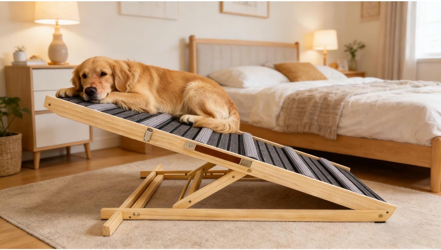 Dog Ramp for Couch & Sofa, 6 Adjustable Heights 14"-25", Foldable Portable Pet Ramp with Non-Slip Carpet & Anti-Roll Bar, Solid Wood Ramp for Small to Medium Dogs, Cats, Natural Wood