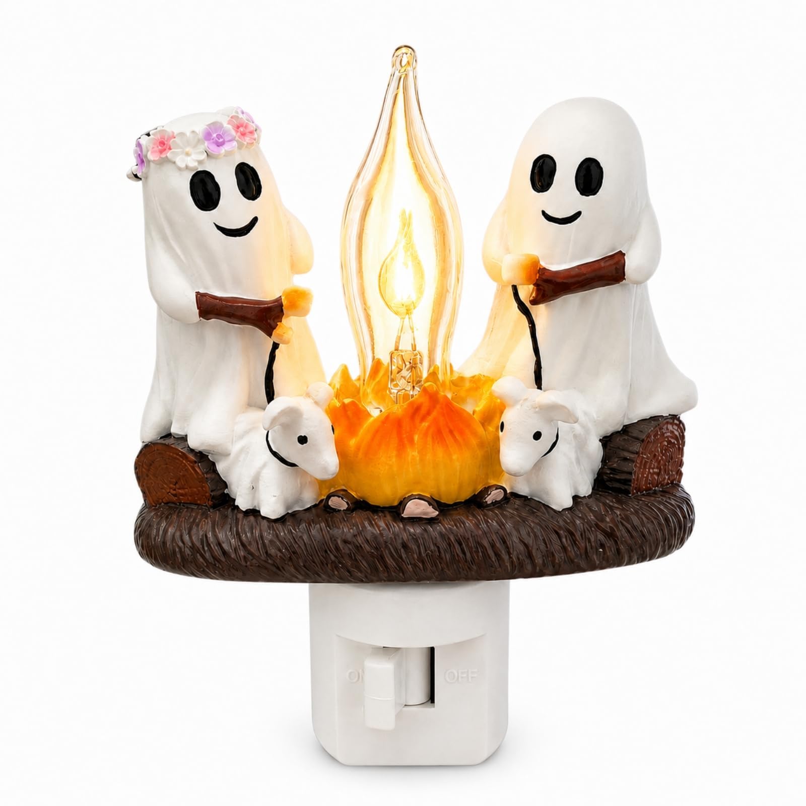 Halloween Ghost Campfire Night Light, Ghost Campfire Halloween Plug-in Wall Flickering Flame Nightlight, 3D Cute Spooky Roasting Marshmallow Ghosts Decoration for Spooky Season Home,Bedroom，GhostB