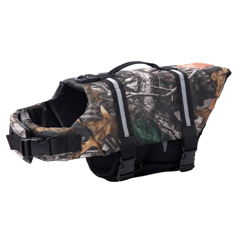 FANSU Dog Life Jacket Adjustable, Safety Floatation Vest Coat Pet Life Preserver with Handle for Swimming, Surfing, Boating for Small Dog Puppy Large Dog (M,camouflage)