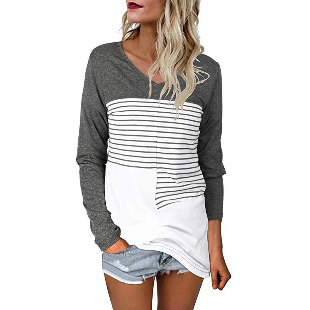 V Neck Color Block Striped Long Sleeve Women Shirt Casual Tunic Tops Blouse