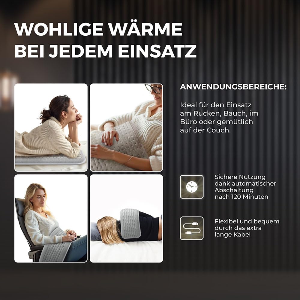 BR Bringer Infrarot Heizkissen mit Klettverschluss für Rücken, Bauch, Taille - Wärmekissen mit Abschaltautomatik, Überhitzungsschutz, 6 Heizstufen (25-60°C), LED Display, waschbar (Grau, 60 x 30 cm)