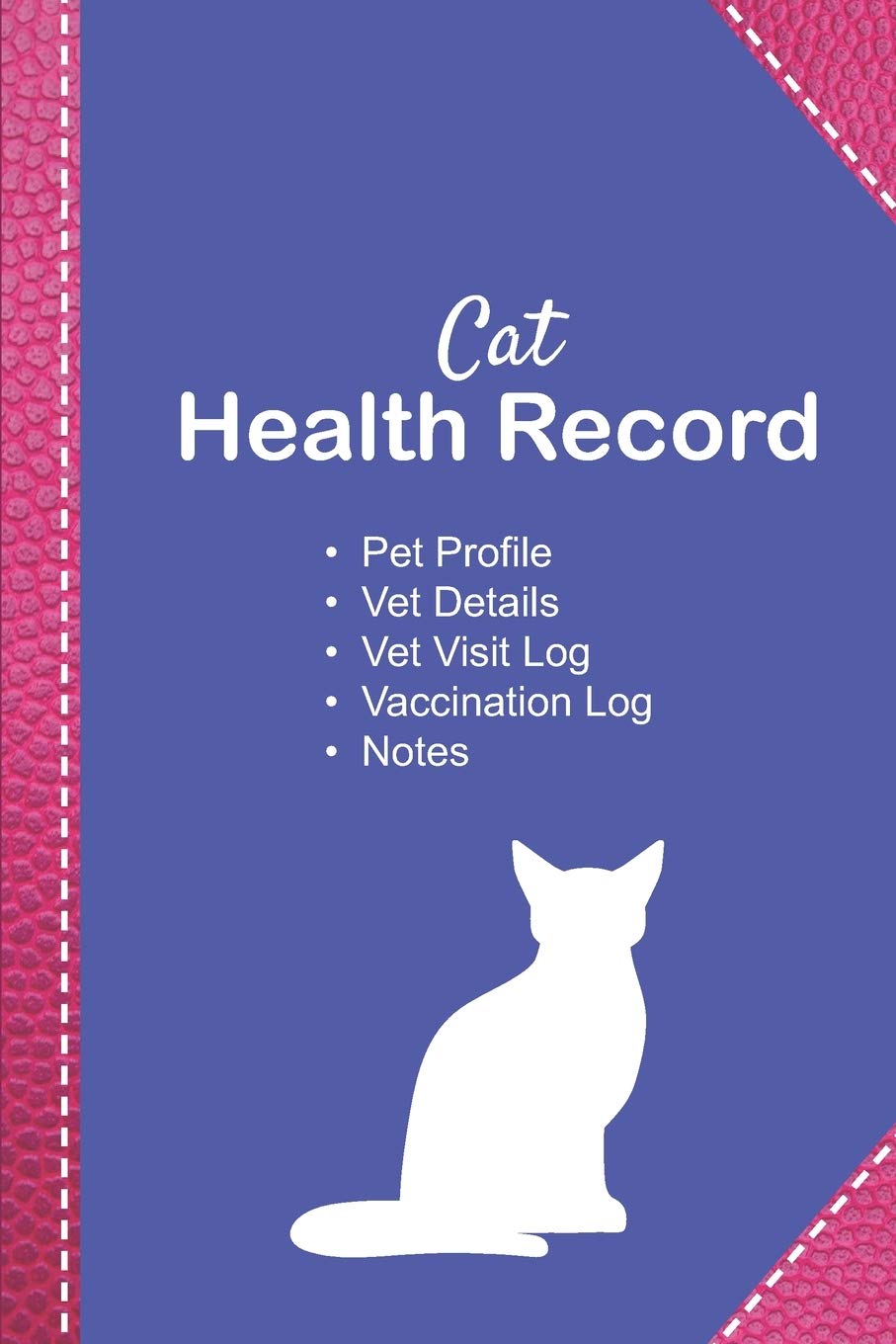 Cat health record: Cat vaccine record book | Pet health record | Puppy vaccine record | 101 pages, 6"x9" | Paperback | purple background reinforcement ... leather imitation silhouette of white cat