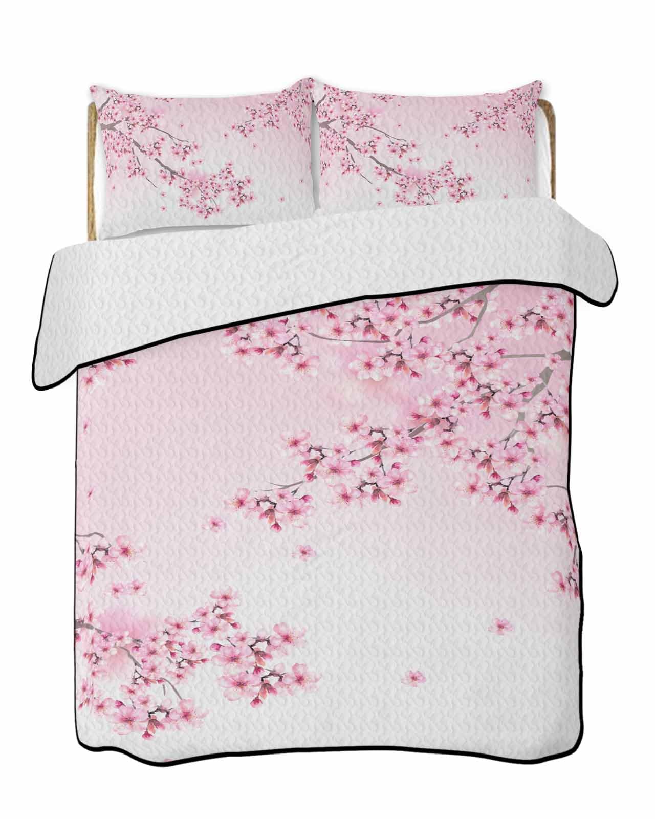 3-Piece Summer Quilt Twin Size, Pink Flowers Lightweight Cooling Bedding Comforter Blanket with 2 Pillow Shams, Spring Botanical Floral Branches Gradient Bedspreads Quilted Coverlet Sets 68